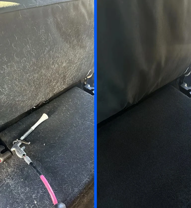 Before and after pet hair removal from vehicle carpet and seat back